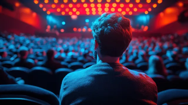 A speaker stands before a packed conference audience under colorful stage lighting with a bright screen glow.