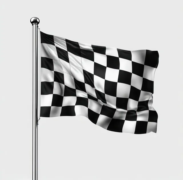 Black and white checkered racing flag waves on a silver pole against a plain light background.