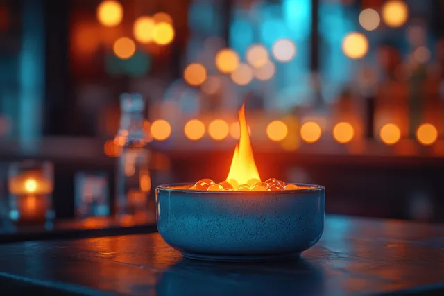A glowing candle flame in a shallow blue dish with warm golden bokeh lights in the background.