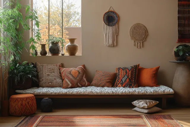 Bohemian living room with daybed, rattan accents, patterned pillows, warm window light