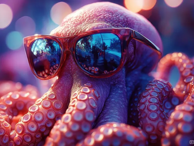 Close-up octopus wearing reflective sunglasses, surrounded by colorful bokeh lights underwater.