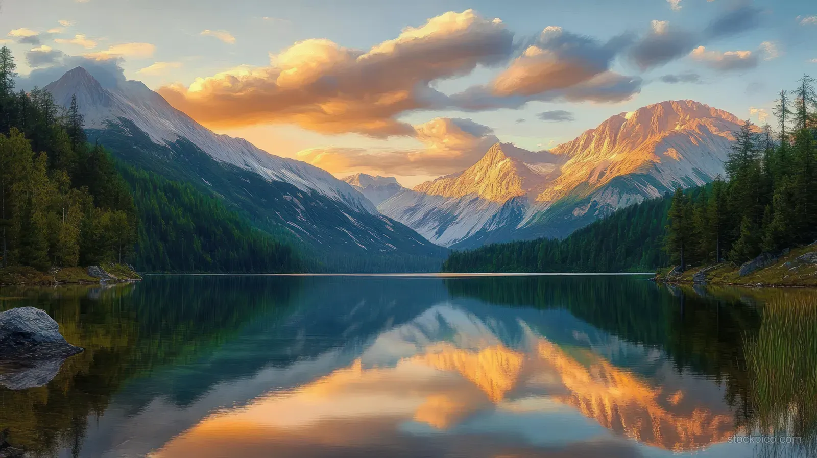 Sunset mountain lake reflecting golden clouds, surrounded by pine forest and rugged peaks.
