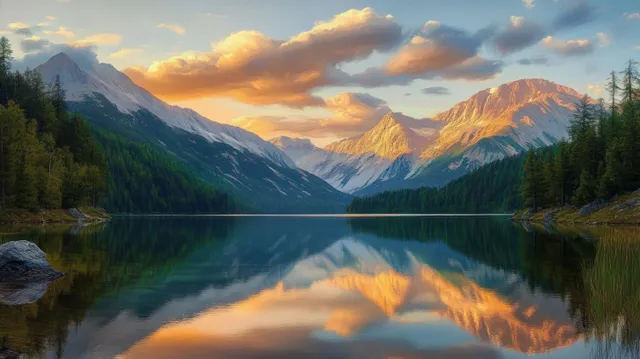 Sunset mountain lake with golden reflections, pine forests, and rugged peaks under scattered clouds