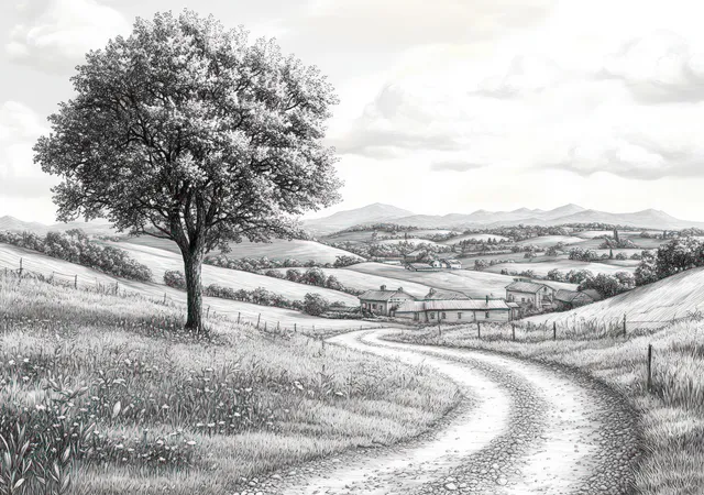 Monochrome rural landscape illustration with a lone persimmon tree beside a winding path, fields, houses, and distant mountains.