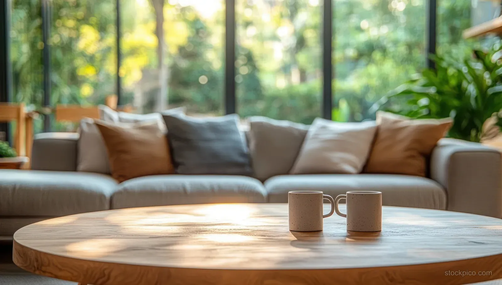 Sunlit modern living room shows a wooden coffee table with two ceramic mugs and a sofa with cushions beside large green view windows.