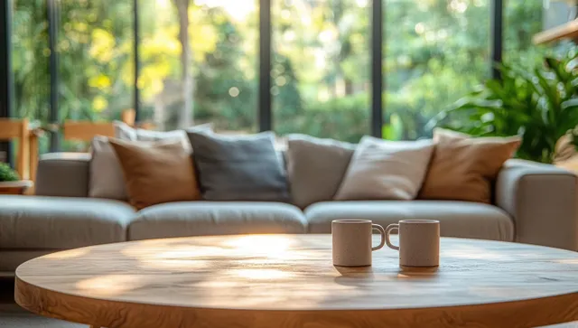 Sunlit modern living room shows a wooden coffee table with two ceramic mugs and a sofa with cushions beside large green view windows.