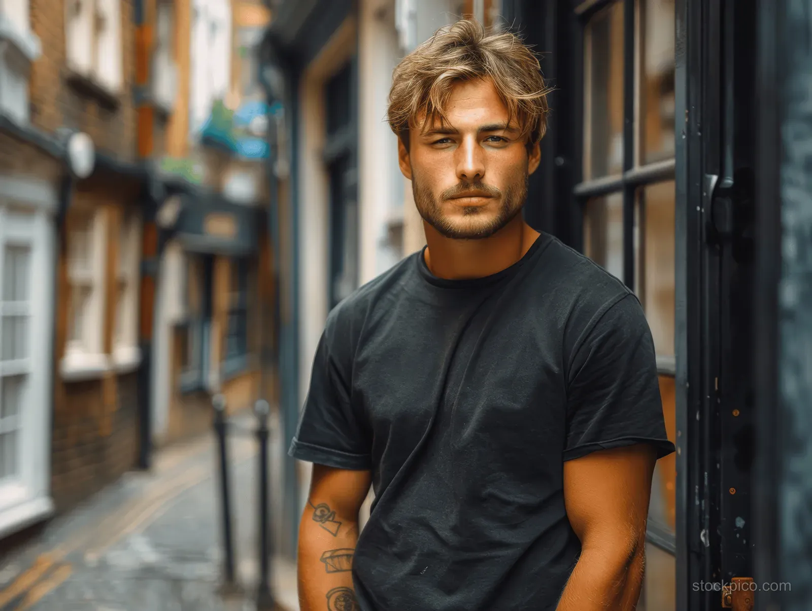 Muscular man in a black t-shirt walking on a London street between shopfronts in warm sunlight.