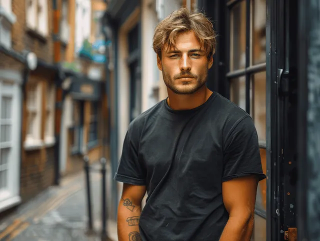 Hombre musculoso con una camiseta negra caminando por una calle de Londres entre escaparates bajo una cálida luz del sol.