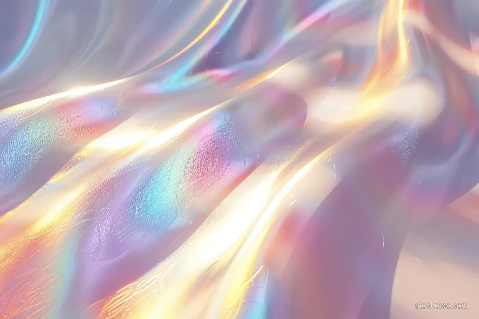 Iridescent rainbow light rays refract through a prism, forming soft glowing streaks on a white background.