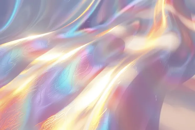 Iridescent rainbow light rays refract through a prism, forming soft glowing streaks on a white background.
