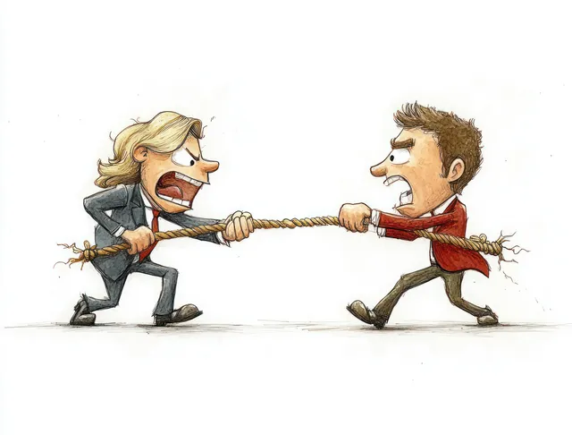Two cartoon businessmen tug a rope face to face on a white background.
