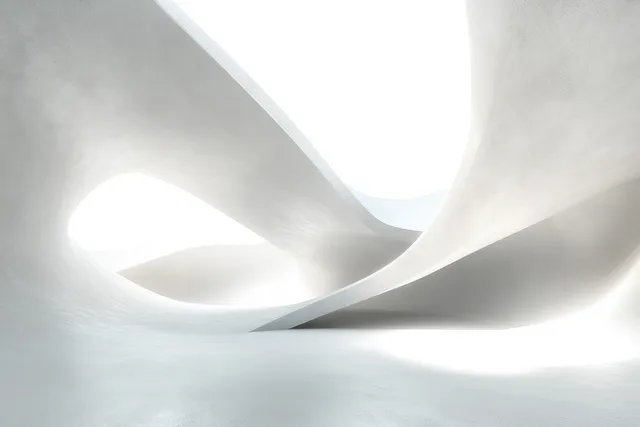 Minimalist white curved corridor with natural light beams and soft shadow depth