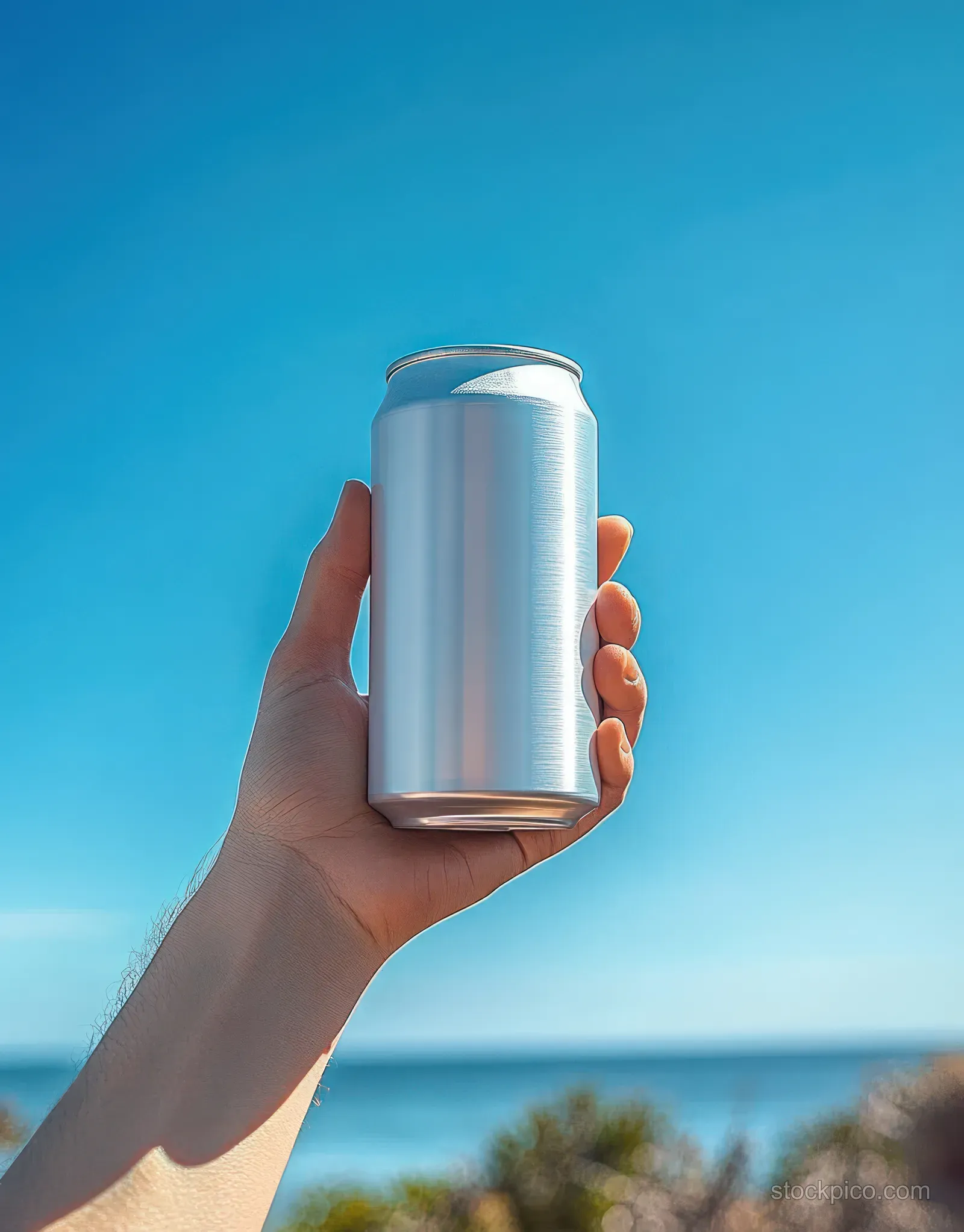 A person’s hand holds a blank silver can with a clear blue sky and blurred seaside background.