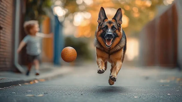 Energetic German shepherd runs toward a bouncing ball on an autumn paved path