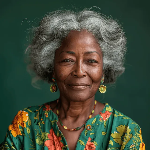 Smiling senior Black woman with voluminous gray hair against solid green background