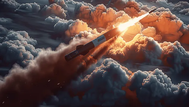 A glowing missile streaks through orange smoke and flames above a burning Russian flag.