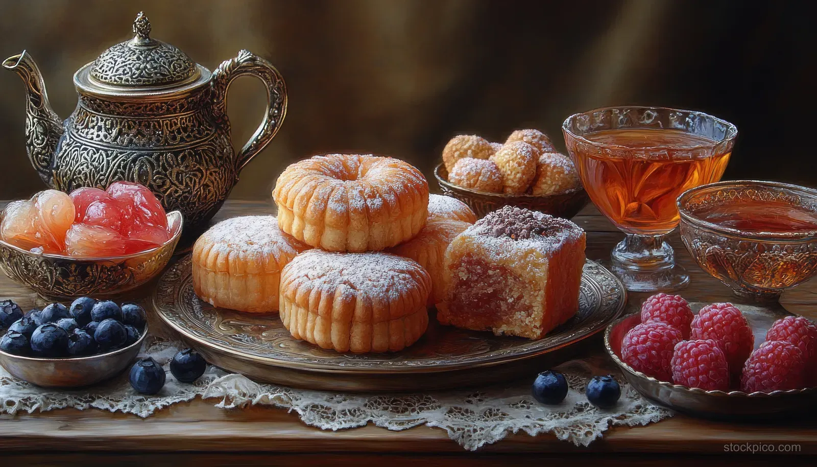 Arabic sweets and pastries arranged on a decorative tray beside a lidded teapot and warm lantern-lit table.