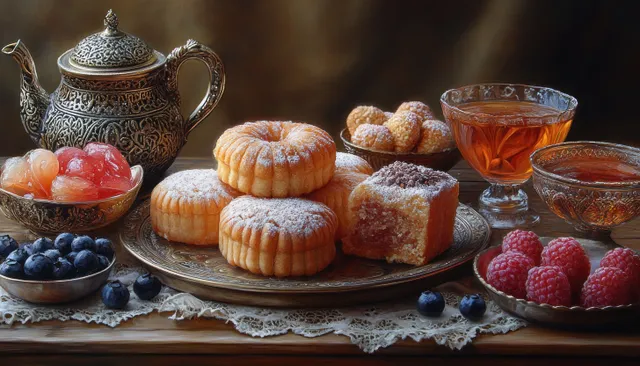 Arabic desserts still life with teapot, pastries, berries, and warm lantern-lit table