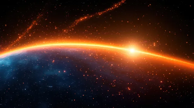 Orange sunrise lights a planet horizon with atmospheric glow and bright lens flare over a star field.