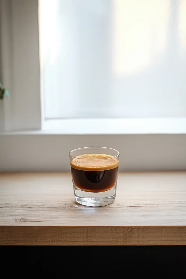 A transparent glass of espresso with crema rests on a wooden table beside a softly lit window.