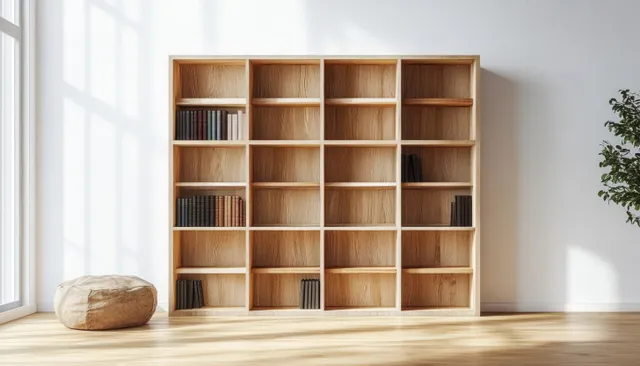 Minimalist wooden bookshelf standing against white wall with soft window light shadows
