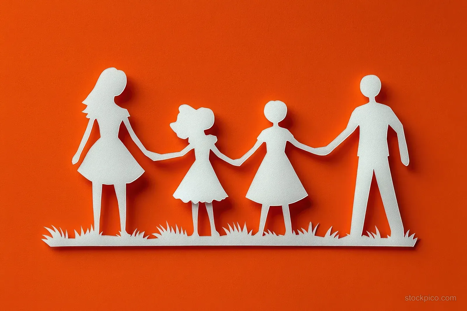 White paper cutout family holding hands standing on grass against a bright orange background.