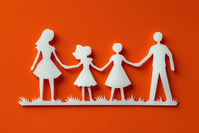 White paper cutout family holding hands standing on grass against a bright orange background.