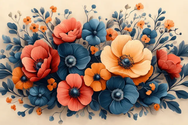 Pastel floral arrangement with symmetrical blossoms and curled leaves on a cream background
