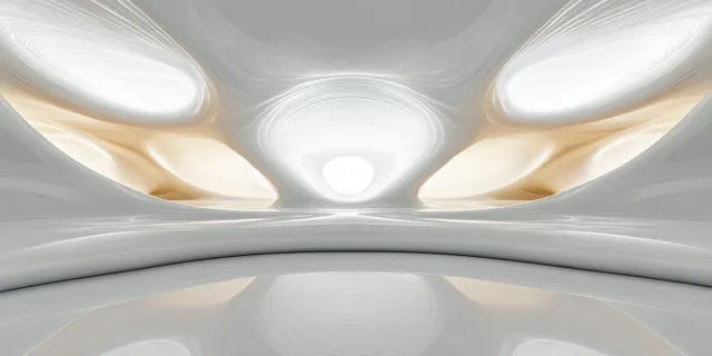 Futuristic interior hallway with smooth curved walls and bright soft lighting reflecting on glossy surfaces.