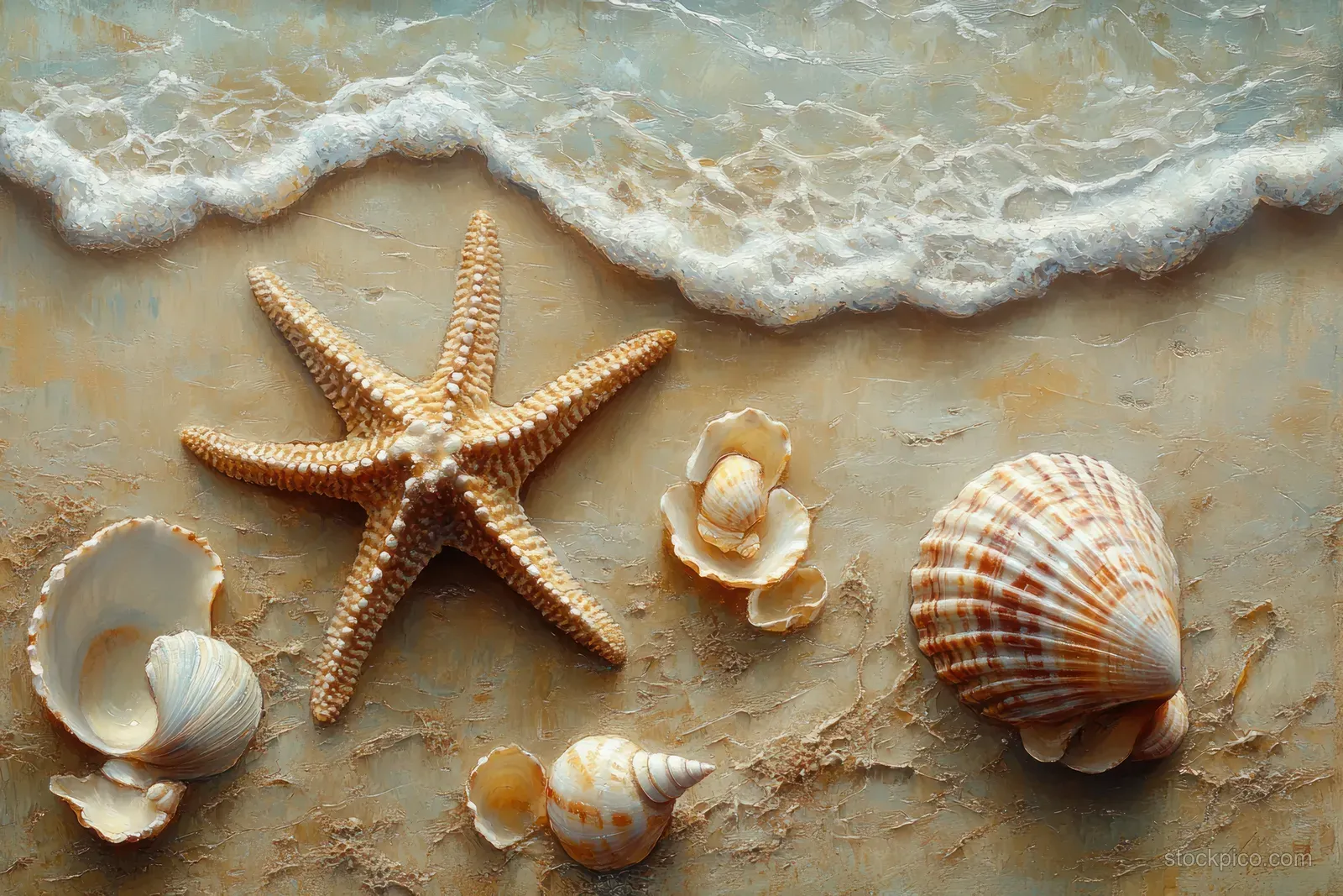 Overhead sand scene with starfish and seashells beside the edge of foamy ocean waves.