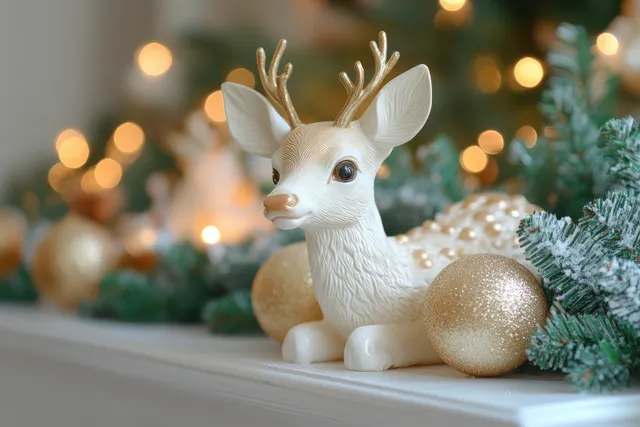 A white reindeer figurine rests on a Christmas mantel with evergreen decor and warm gold bokeh lights in the background.