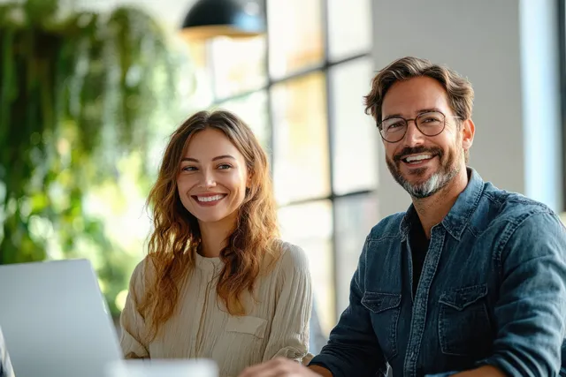 Smiling coworkers collaborating at laptops during a focused office discussion by large windows