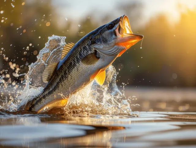 A largemouth bass leaps from river water splashing droplets with golden-hour sunlight and blurred bokeh background.