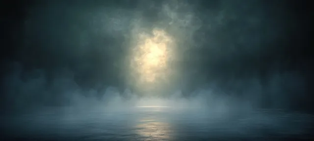 Foggy symmetrical landscape with dramatic chiaroscuro lighting and glowing sun reflection