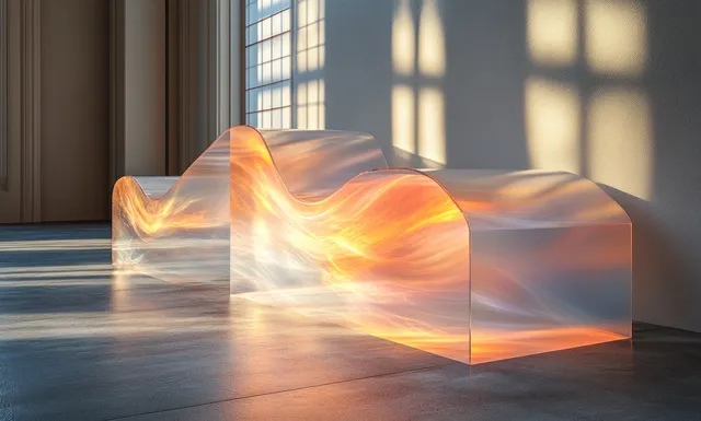 Transparent acrylic blocks on a floor glow with warm light ribbons and window shadows in a minimalist room.