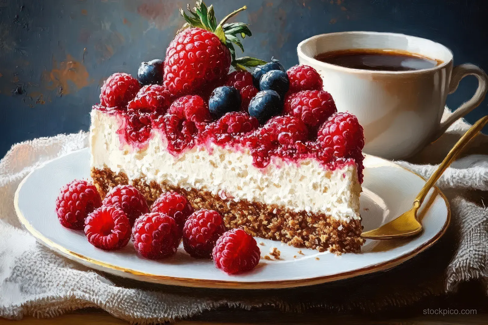 A cheesecake slice topped with fresh mixed berries and served next to a cup of black coffee on a gold-rimmed plate.