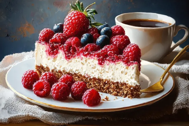 Cheesecake slice topped with mixed berries beside black coffee in a gold-rimmed plate