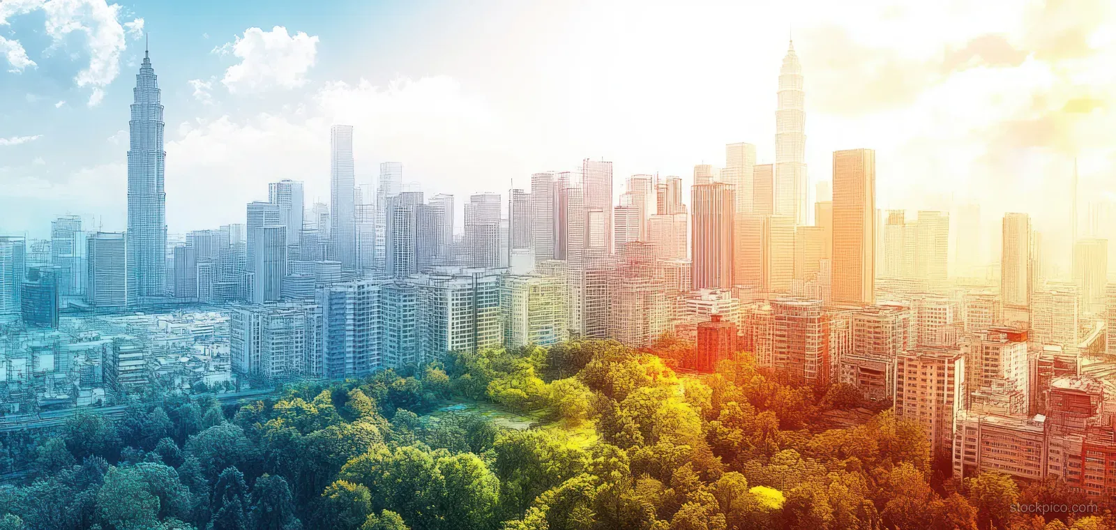Sunrise skyline shows skyscrapers and warm light over leafy treetops with sketch-like watercolor blending.