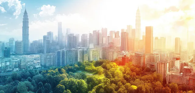 Sunrise skyline shows skyscrapers and warm light over leafy treetops with sketch-like watercolor blending.