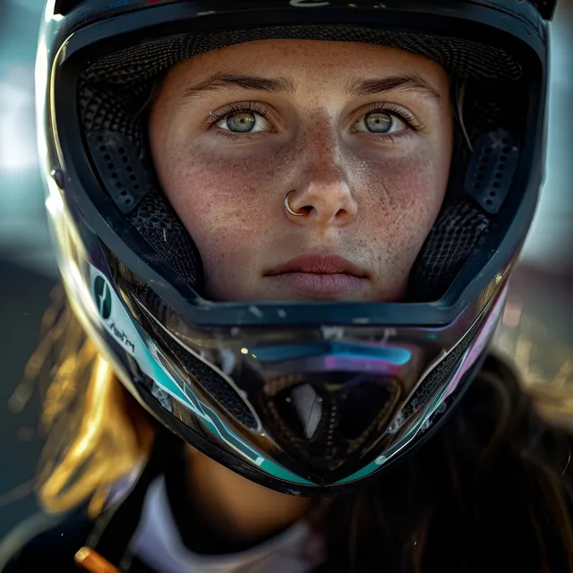 Close-up of a helmeted Australian BMX rider focused ahead at an outdoor park.