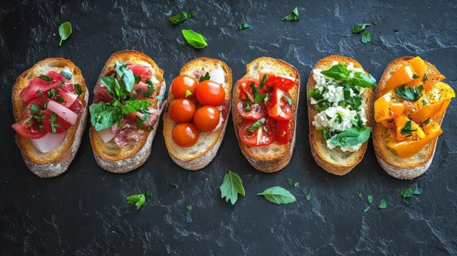 Top view of multiple bruschetta crostini on a dark slate stone, topped with tomatoes, herbs, and olive oil.