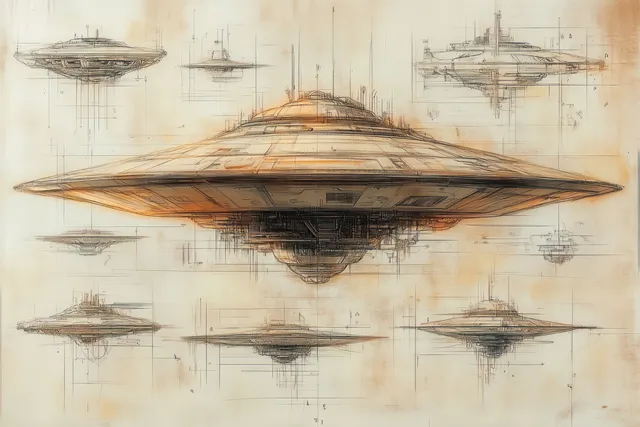 Saucer-shaped spacecraft concept art with mechanical underside and multiple engineering sketches on a light background.