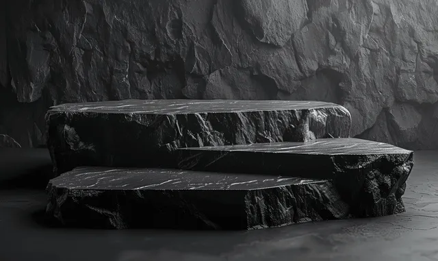 Black marble podium on dark textured wall, minimal product display with stone highlights