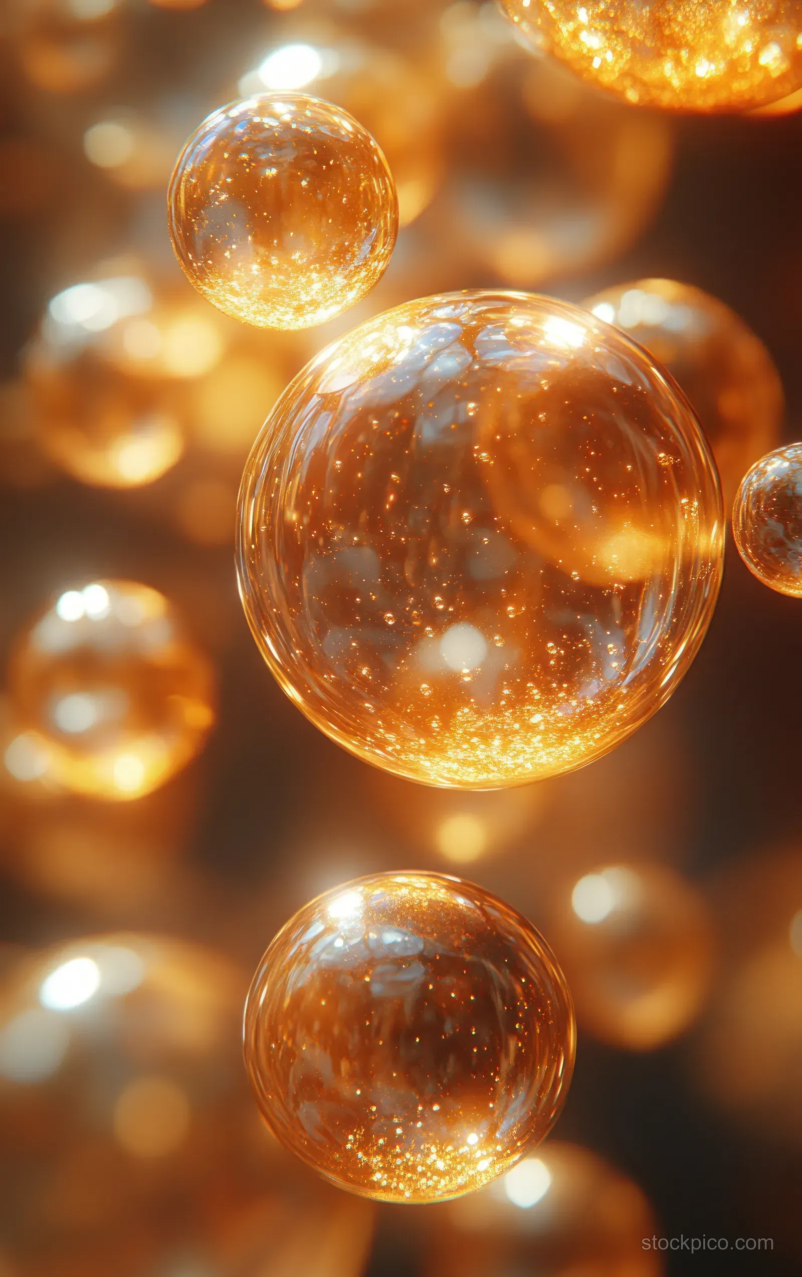 Translucent amber bubbles float over a warm golden background with glossy light reflections.