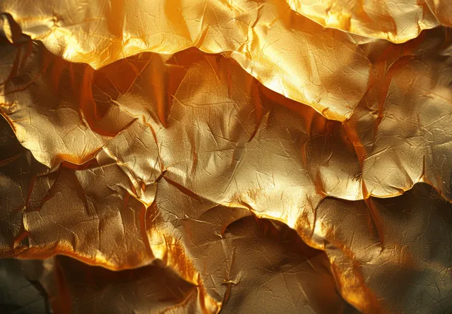 Crumpled gold foil texture fills the frame with glowing highlights and deep warm shadows.