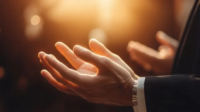 Two hands raised in a prayer gesture under warm soft lighting with blurred background lights.