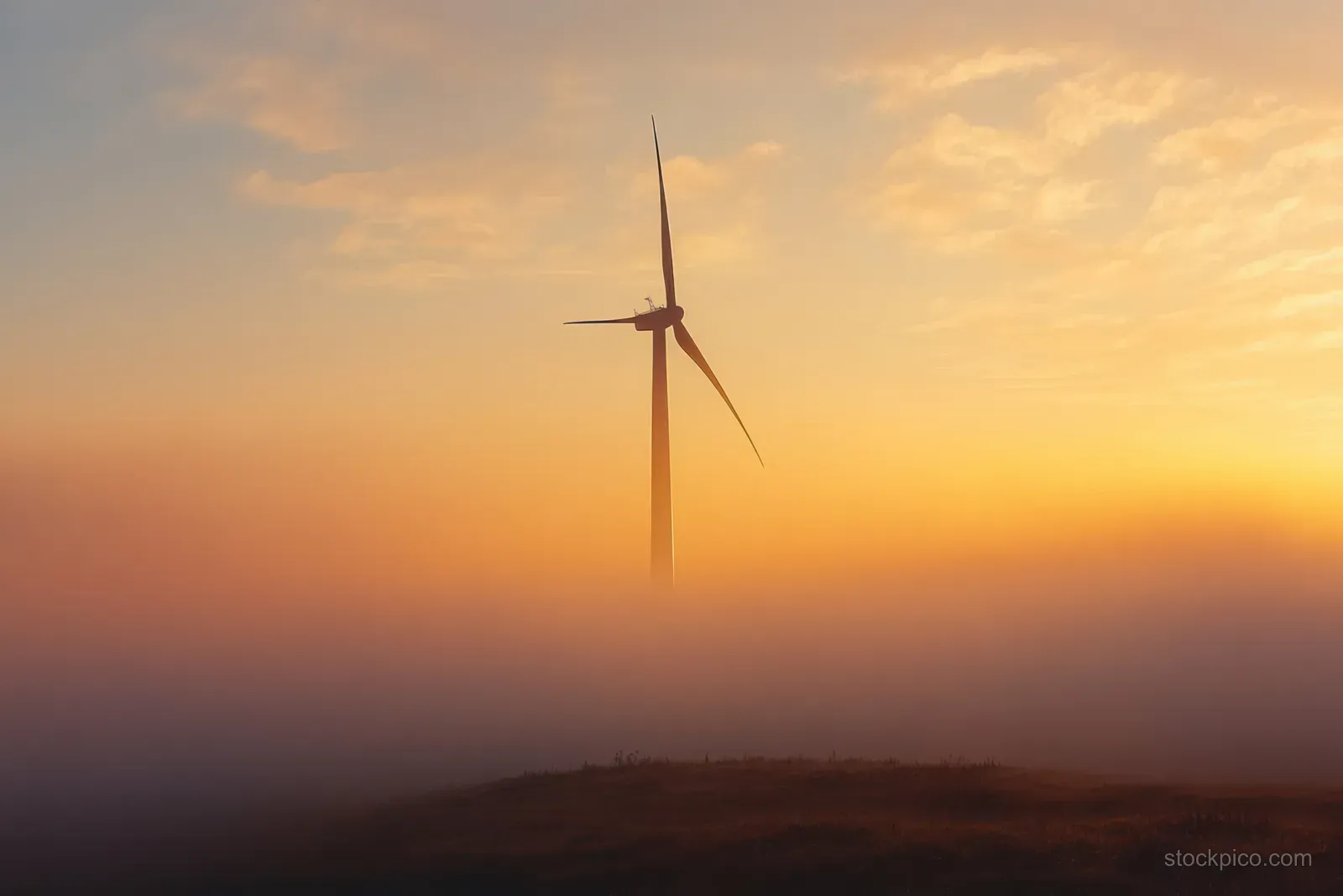 A lone wind turbine rises from a grassy hill, partially obscured by fog under a warm sunset sky.