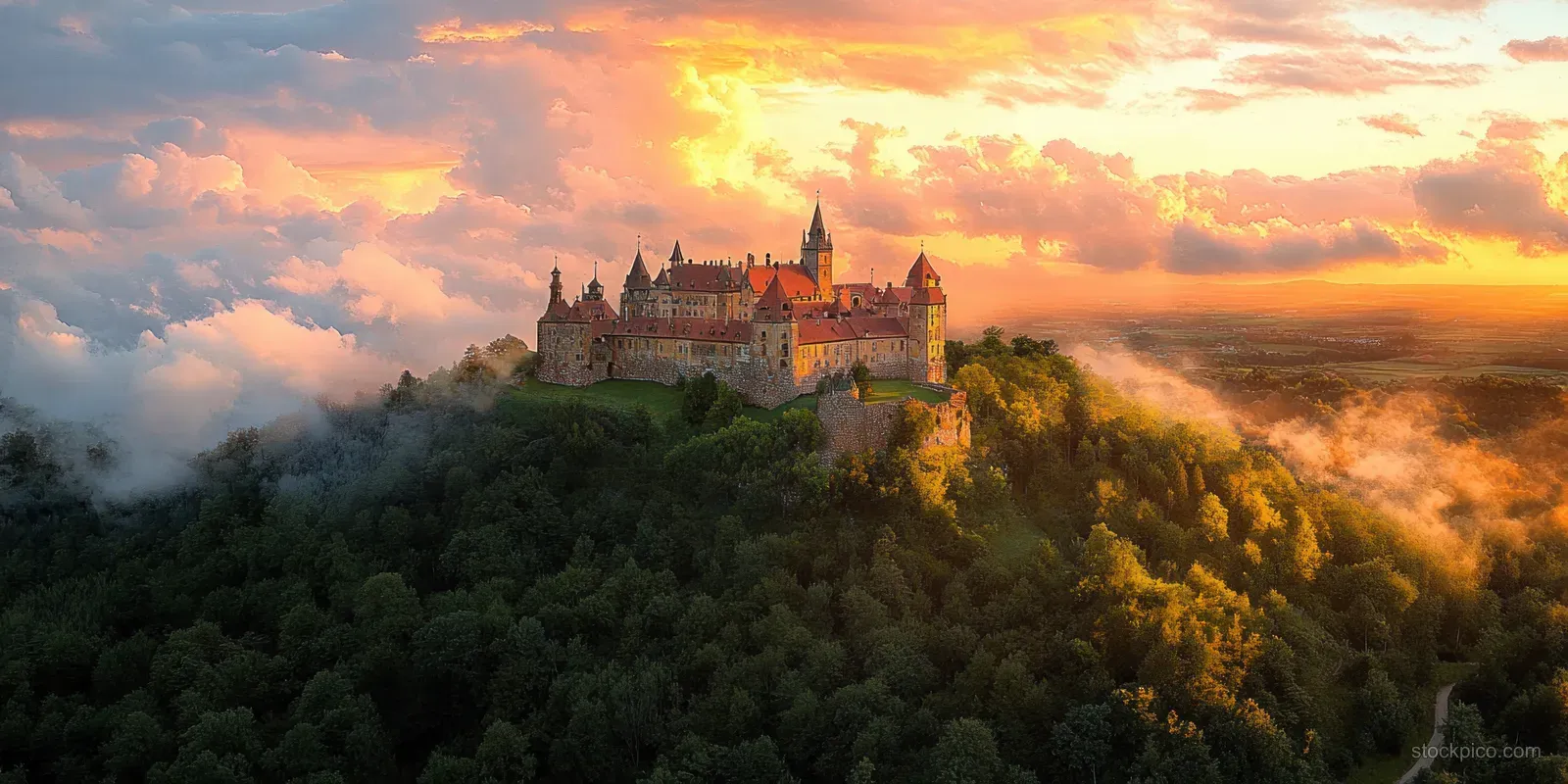 Aerial view of a majestic medieval castle at sunset, surrounded by lush countryside and dramatic clouds in Poland.