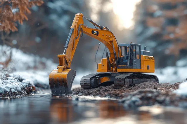 Yellow excavator digging near a river on a construction site, spilling soil