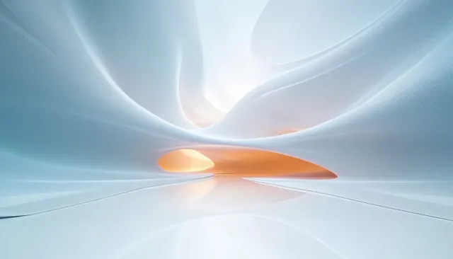 Futuristic white interior with smooth curved arches and a soft orange light glowing near the horizon.
